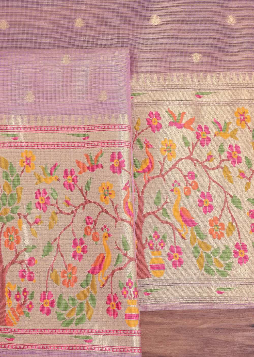 Lavender Gold Paithani Woven Silk Dress Material