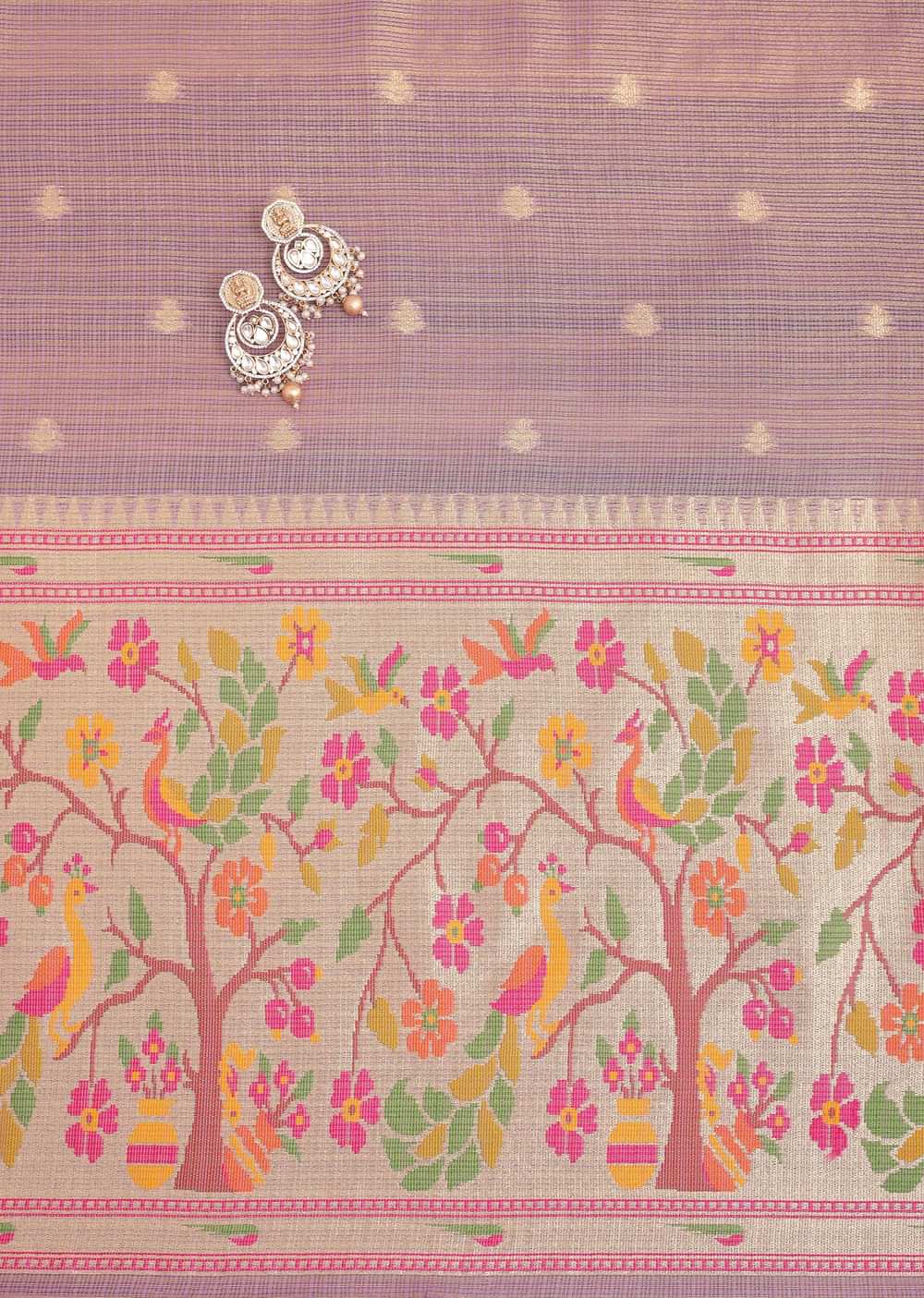 Lavender Gold Paithani Woven Silk Dress Material