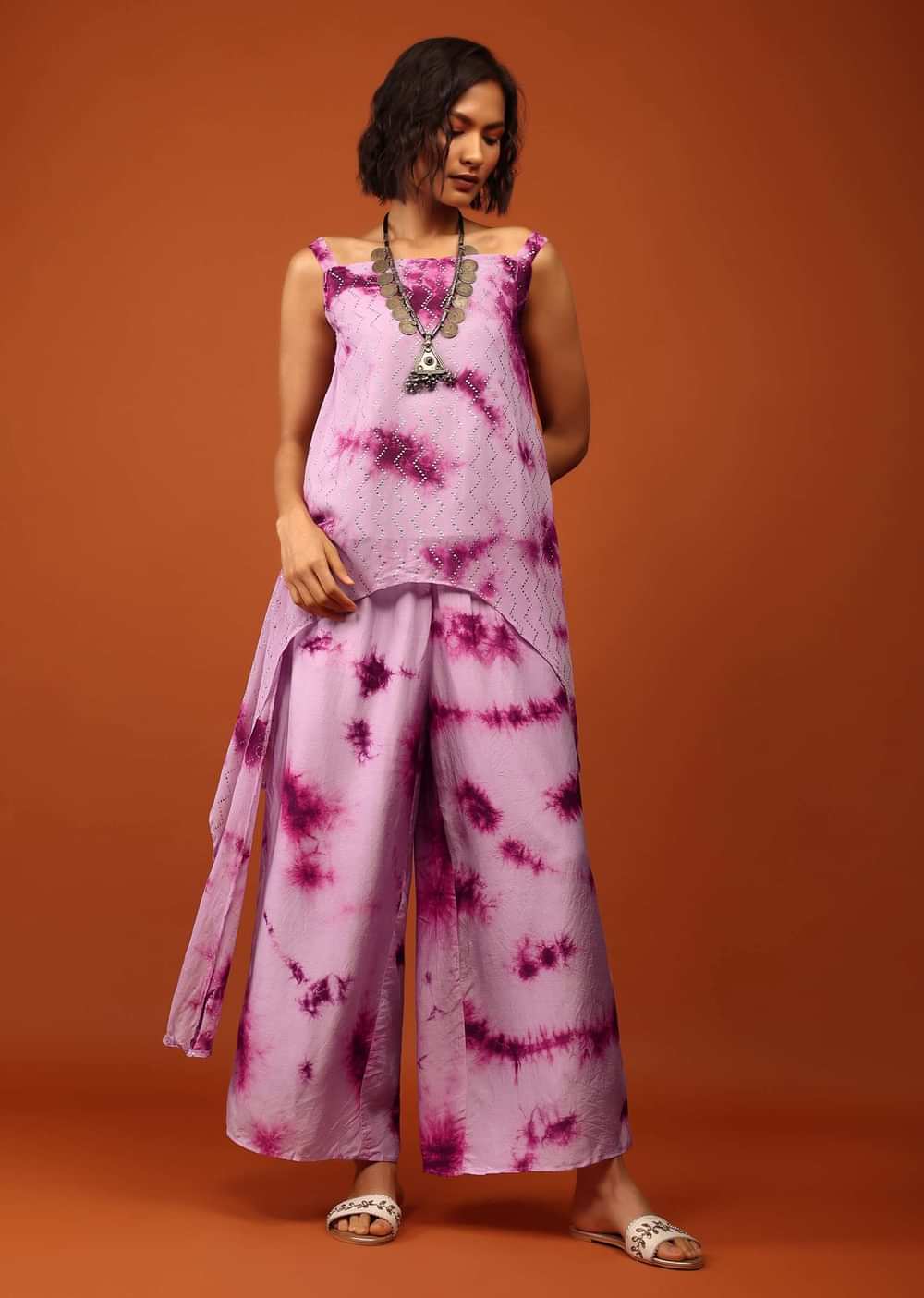 Lavender And Plum Purple Tie Dye Print Top & Bottom Set Embellished In Georgette
