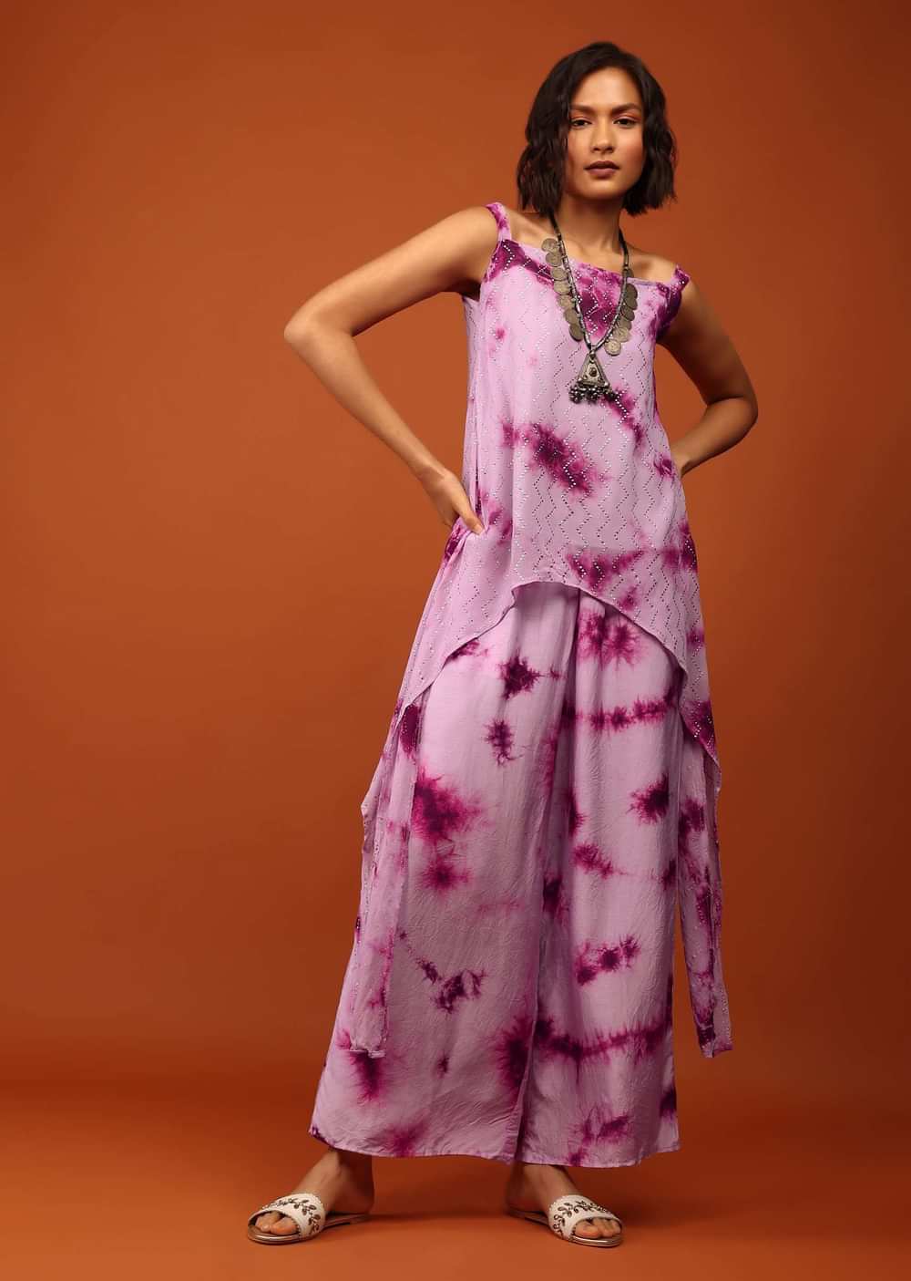 Lavender And Plum Purple Tie Dye Print Top & Bottom Set Embellished In Georgette