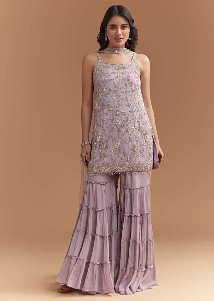 Lavender Chinon Sharara Suit With Cutdana And Sequins Work