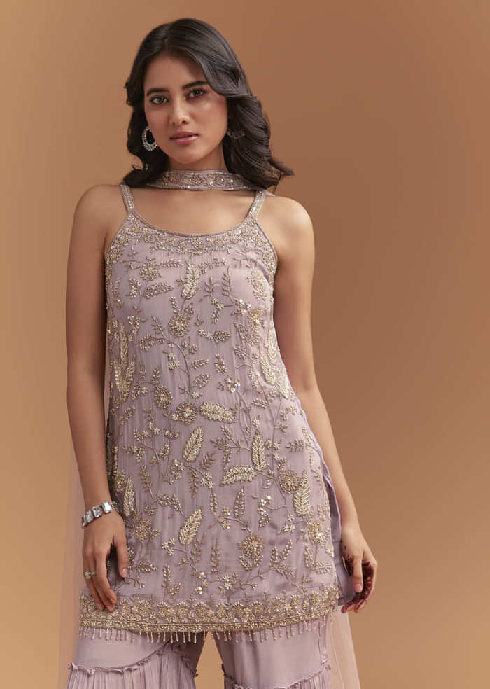 Lavender Chinon Sharara Suit With Cutdana And Sequins Work