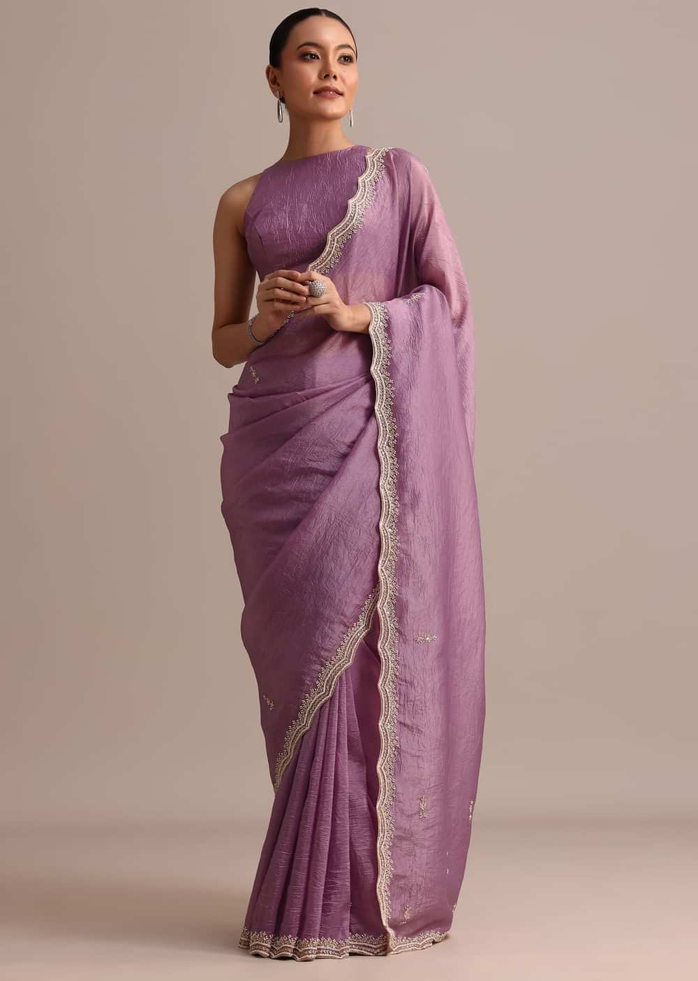 Lavender Crushed Tissue Saree With Moti And Cutdana Embroidered Border