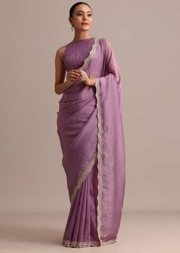Lavender Crushed Tissue Saree With Moti And Cutdana Embroidered Border