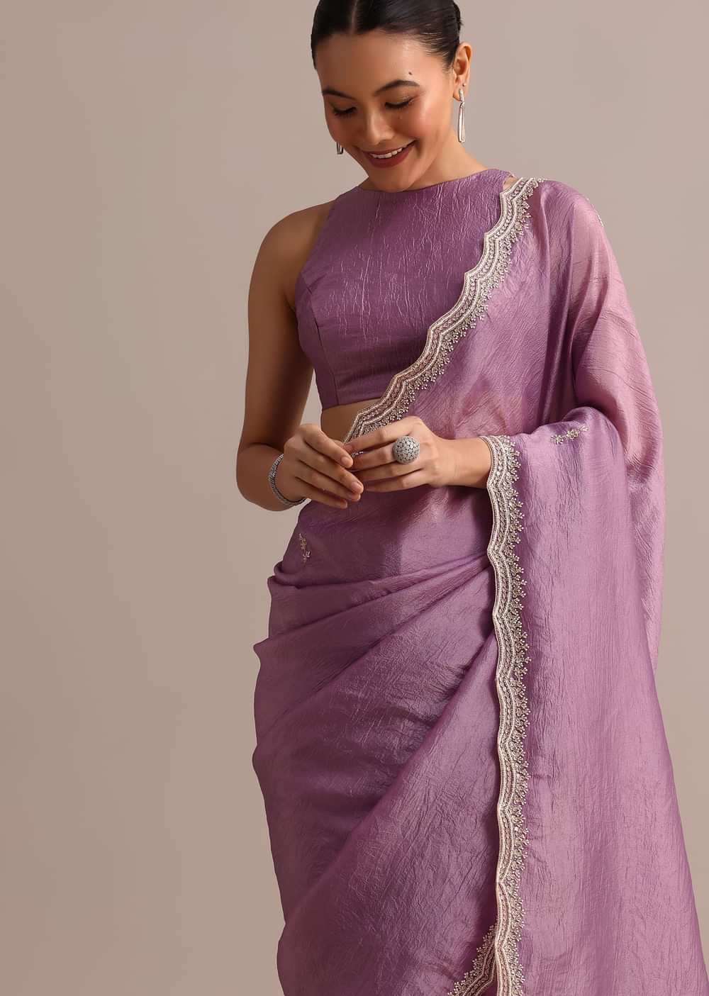 Lavender Crushed Tissue Saree With Moti And Cutdana Embroidered Border