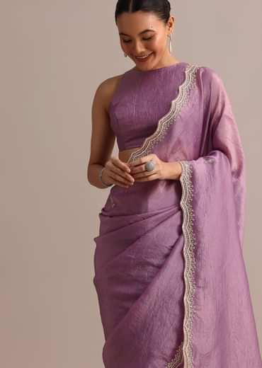 Lavender Crushed Tissue Saree With Moti And Cutdana Embroidered Border