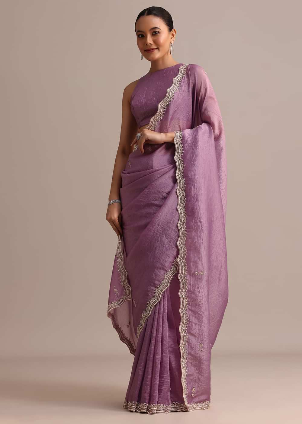 Lavender Crushed Tissue Saree With Moti And Cutdana Embroidered Border