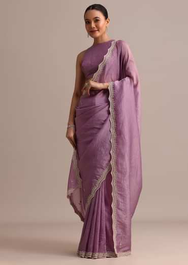 Lavender Crushed Tissue Saree With Moti And Cutdana Embroidered Border