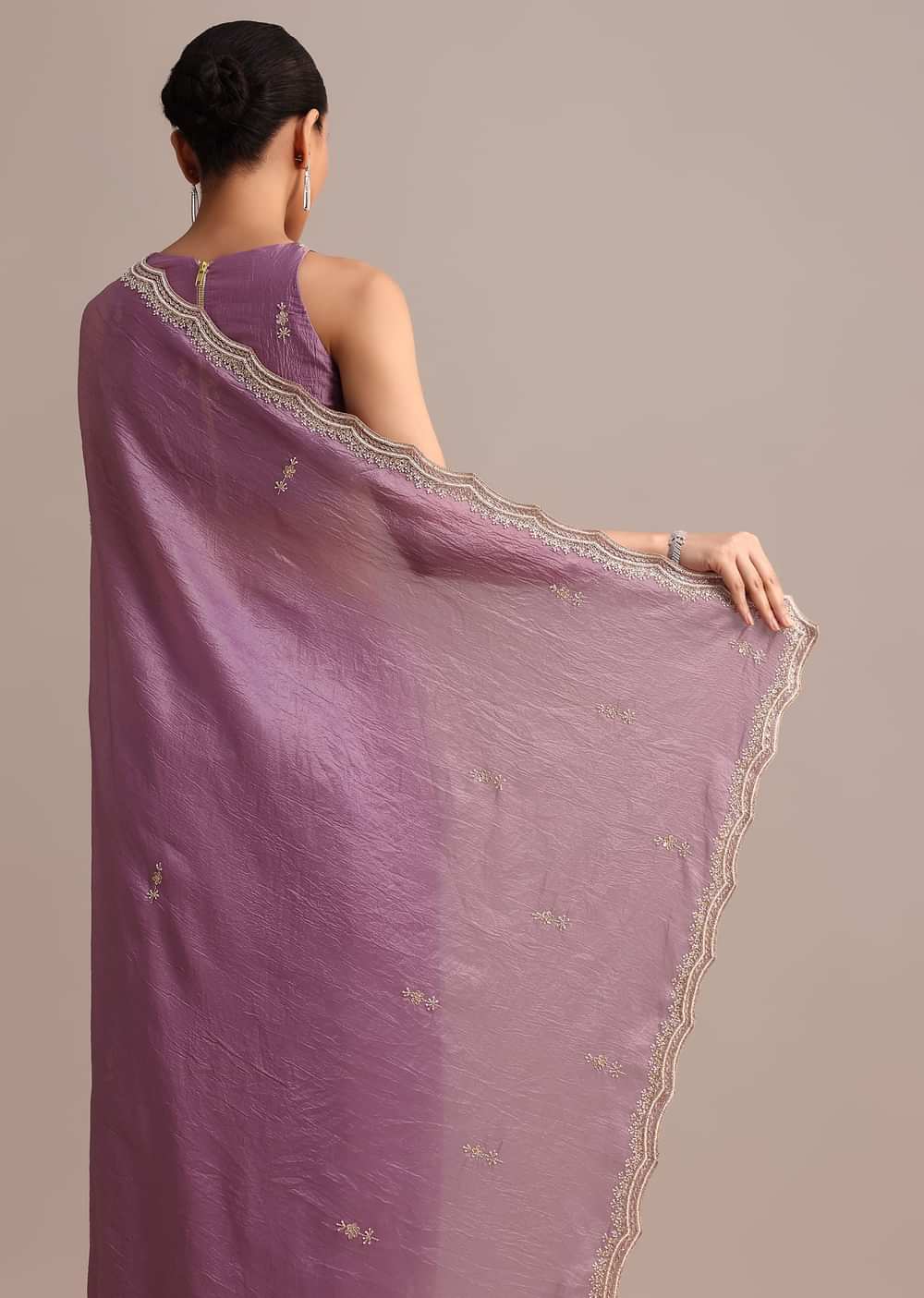 Lavender Crushed Tissue Saree With Moti And Cutdana Embroidered Border