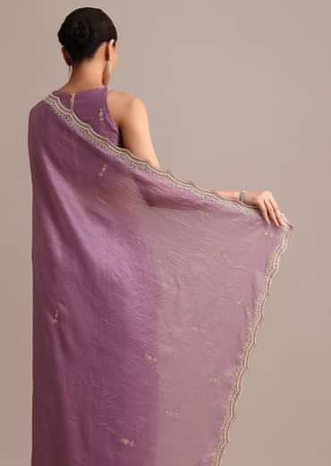 Lavender Crushed Tissue Saree With Moti And Cutdana Embroidered Border