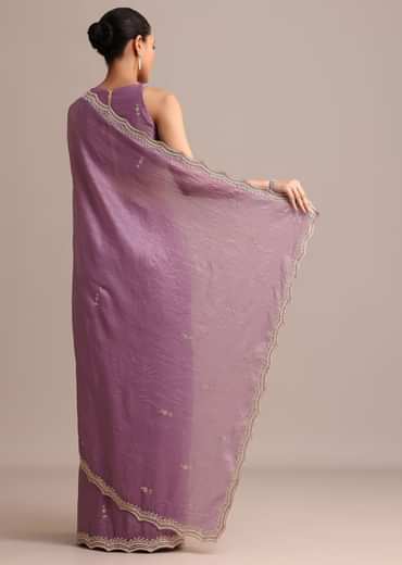 Lavender Crushed Tissue Saree With Moti And Cutdana Embroidered Border