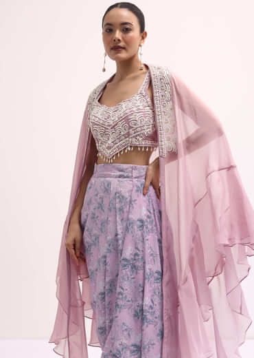 Lavender Embroidered Crop Top And Skirt Set