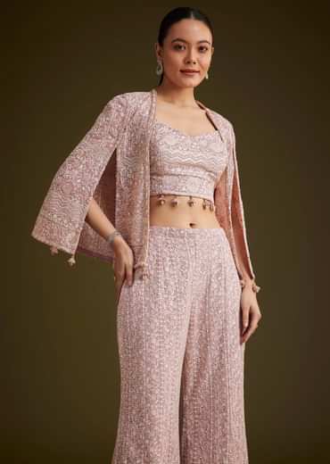 Lavender Georgette Palazzo Set And Lucknowi Cape