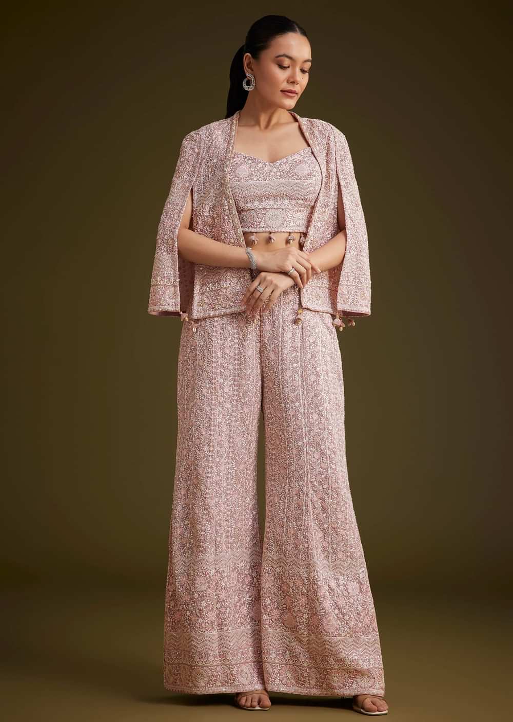 Lavender Georgette Palazzo Set And Lucknowi Cape