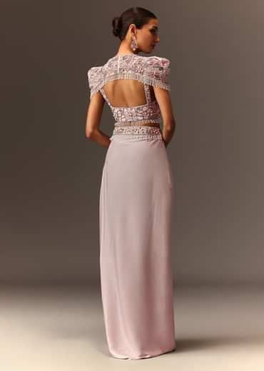 Lavender Hand Embroidered Blouse And Croped Cape With Drape Skirt