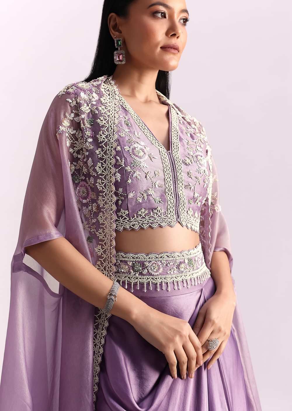 Lavender Moti Work Crop Top Suit Embroidered Jacket