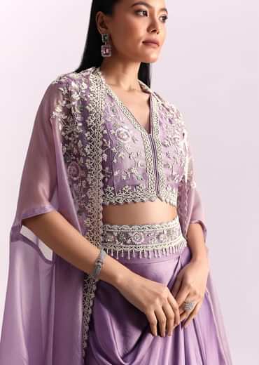 Lavender Moti Work Crop Top Suit Embroidered Jacket