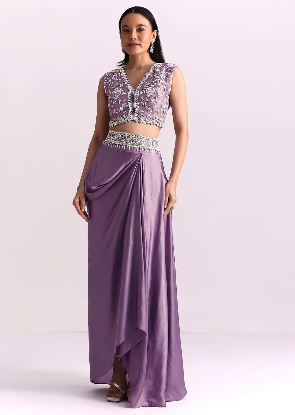 Lavender Moti Work Crop Top Suit Embroidered Jacket