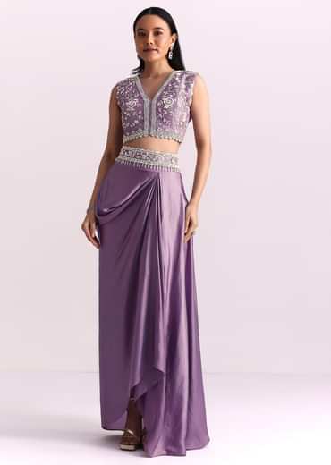 Lavender Moti Work Crop Top Suit Embroidered Jacket