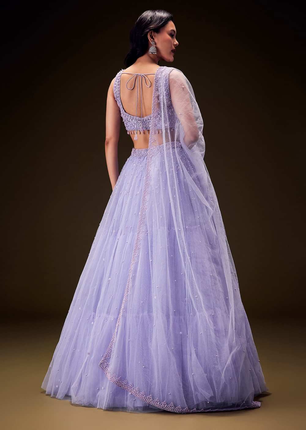 Lavender Net Hand Embroidered Pearl Work Lehenga Set