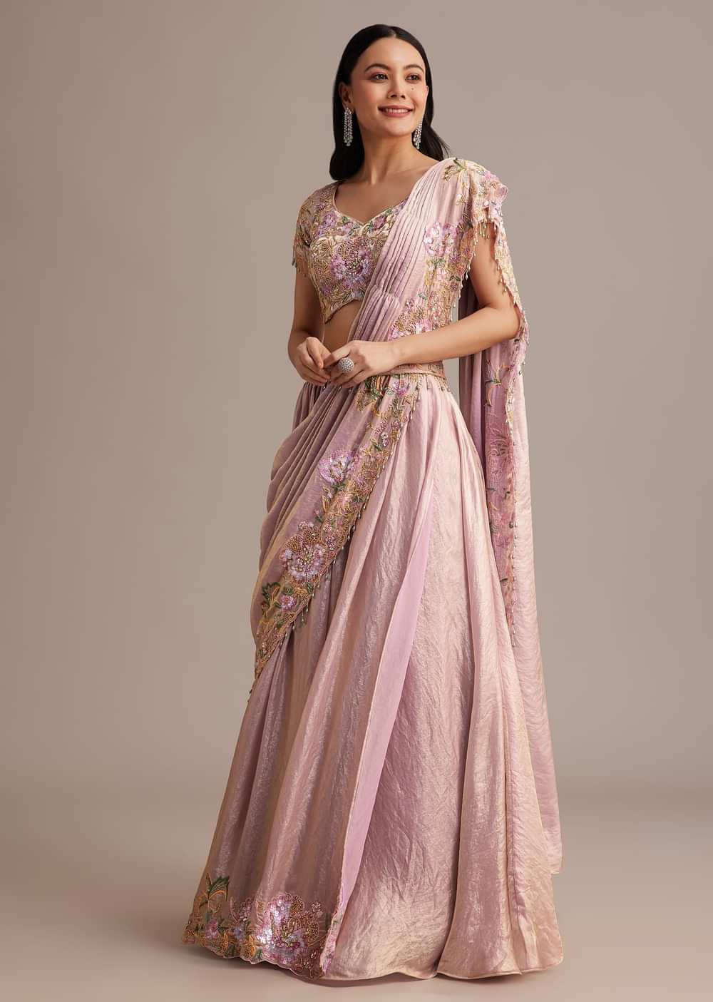 Lavender Organza Tissue Lehenga Set With Sequins And Bead Work