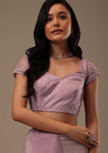 Lavender Pink Stone And Beads Embellished Net Saree