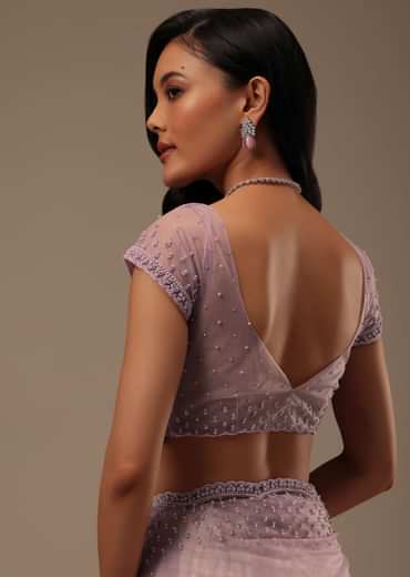 Lavender Pink Stone And Beads Embellished Net Saree