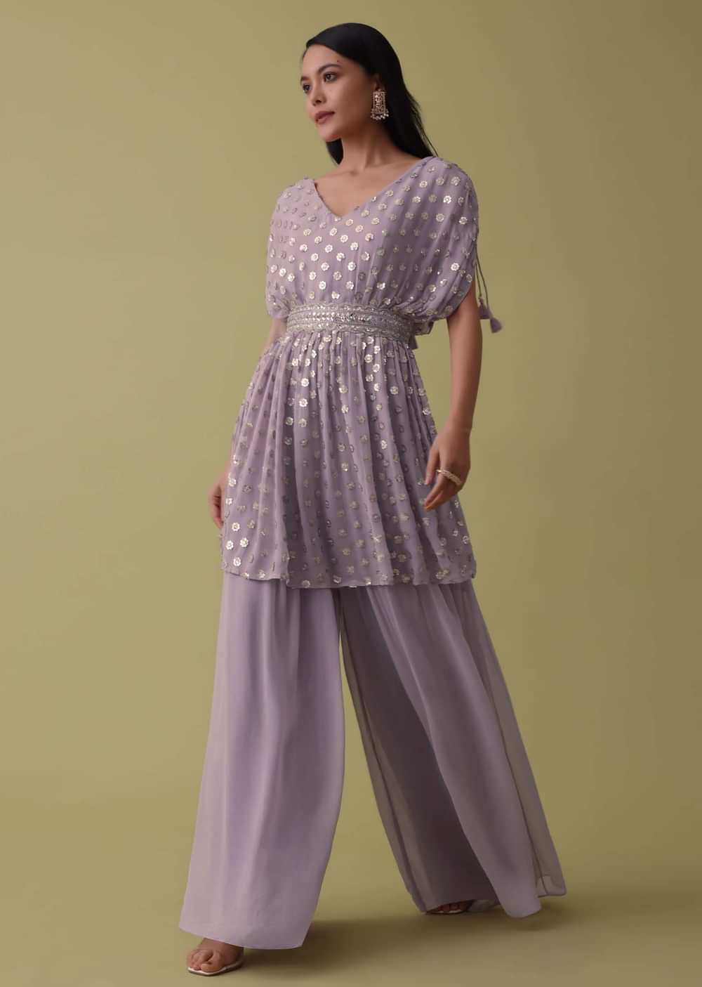 Lavender Purple Palazzo Top Set In Georgette With Sequins Work