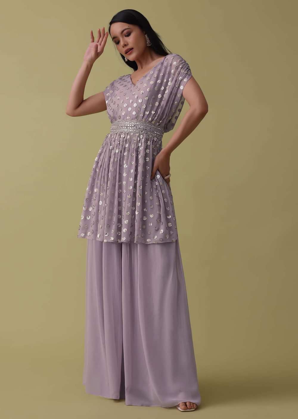 Lavender Purple Palazzo Top Set In Georgette With Sequins Work