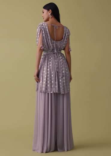 Lavender Purple Palazzo Top Set In Georgette With Sequins Work