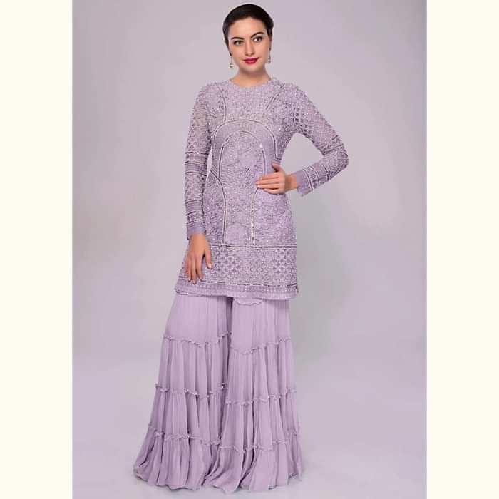 Lavender Sharara Suit In Embroidered Net With Self Resham Jaal Embroidery Online - Kalki Fashion