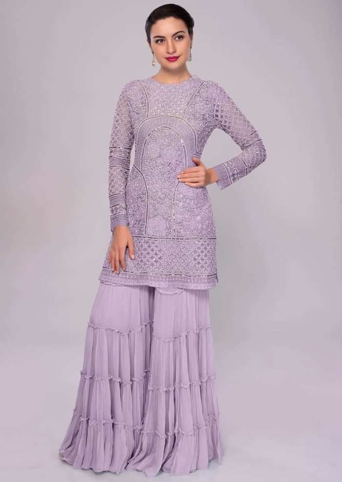Lavender Sharara Suit In Embroidered Net With Self Resham Jaal Embroidery Online - Kalki Fashion