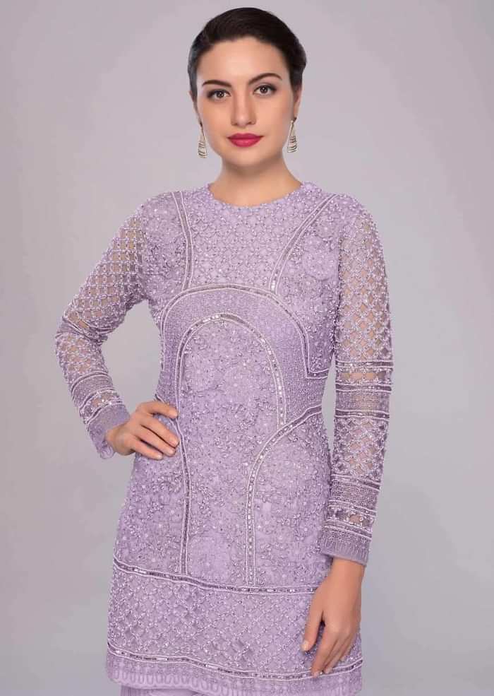 Lavender Sharara Suit In Embroidered Net With Self Resham Jaal Embroidery Online - Kalki Fashion