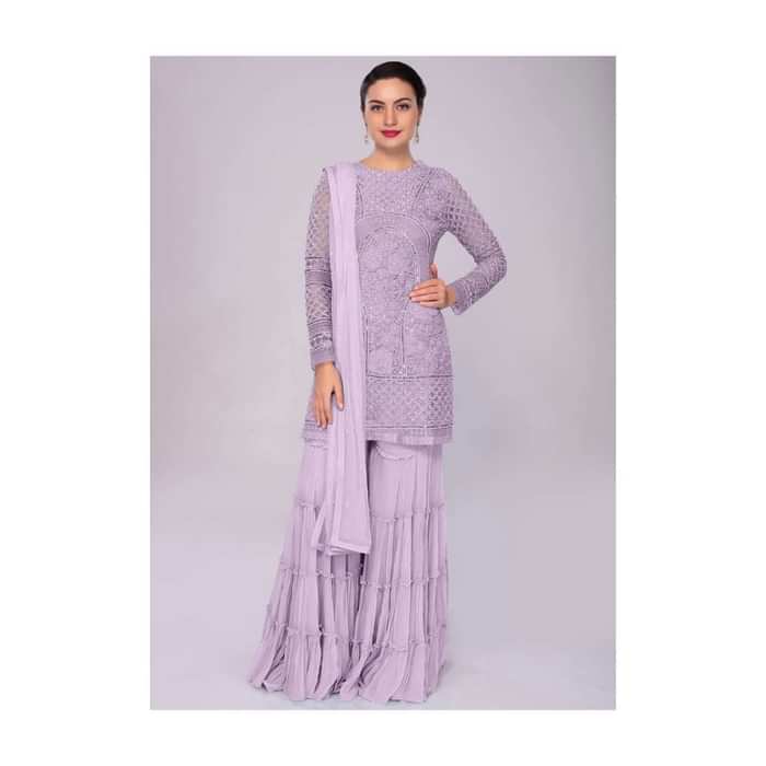 Lavender Sharara Suit In Embroidered Net With Self Resham Jaal Embroidery Online - Kalki Fashion