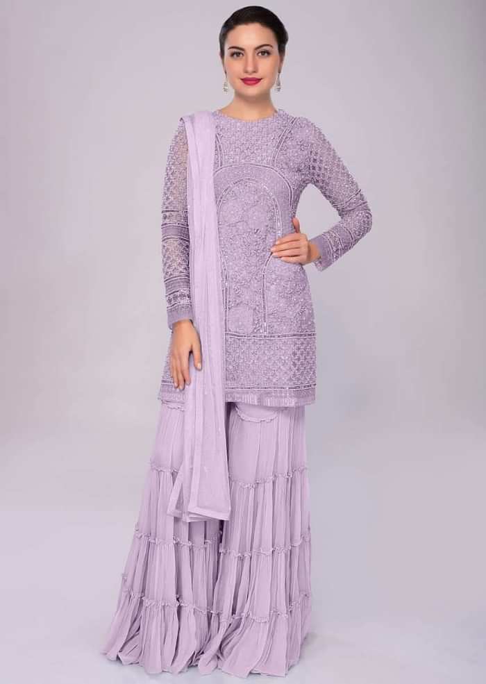 Lavender Sharara Suit In Embroidered Net With Self Resham Jaal Embroidery Online - Kalki Fashion