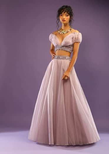 Lavender Skirt And Crop Top With Ruching Detail And Puffed Cold Shoulder Sleeves