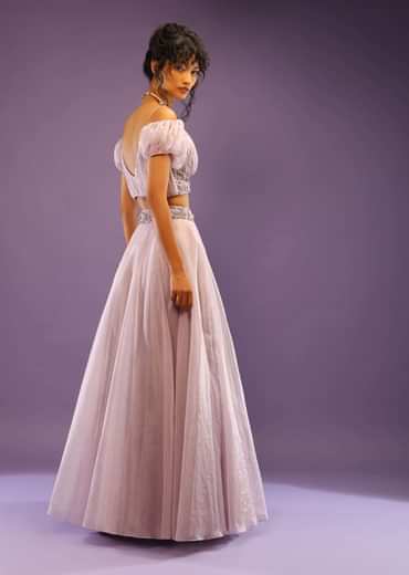 Lavender Skirt And Crop Top With Ruching Detail And Puffed Cold Shoulder Sleeves