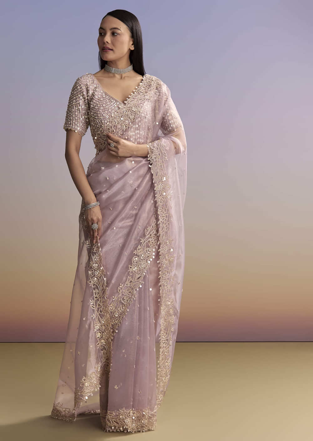 Lavender Tissue Embroidered Saree With Resham And Sequin Work