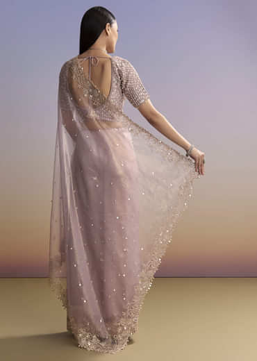 Lavender Tissue Embroidered Saree With Resham And Sequin Work