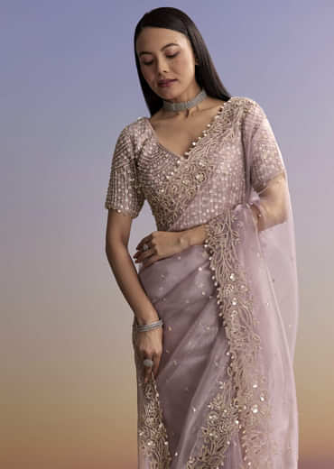 Lavender Tissue Embroidered Saree With Resham And Sequin Work