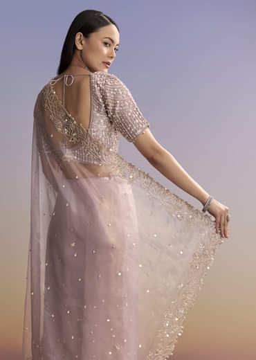 Lavender Tissue Embroidered Saree With Resham And Sequin Work