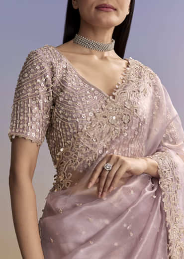 Lavender Tissue Embroidered Saree With Resham And Sequin Work