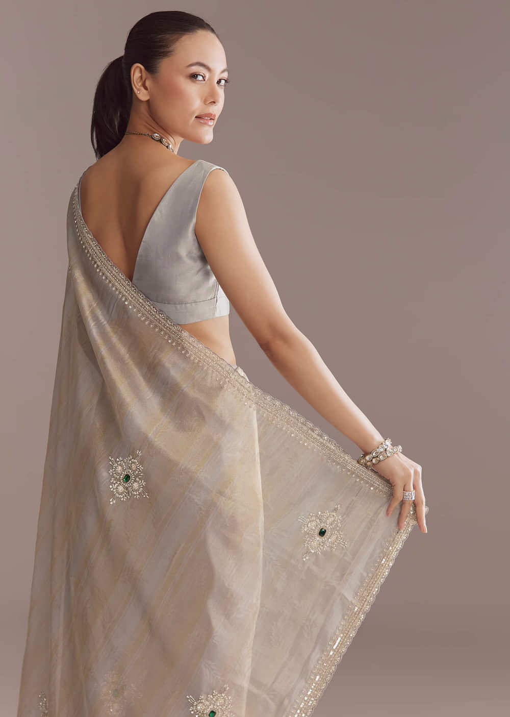 Lavender Tissue Saree With Zardosi And Emerald Stone Embroidery