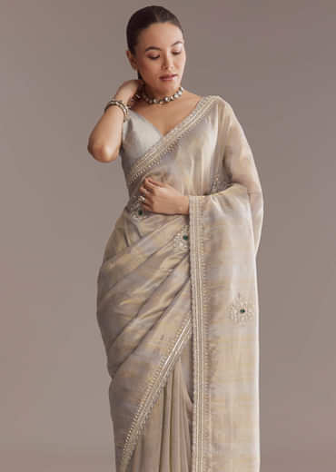 Lavender Tissue Saree With Zardosi And Emerald Stone Embroidery