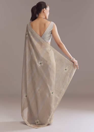 Lavender Tissue Saree With Zardosi And Emerald Stone Embroidery