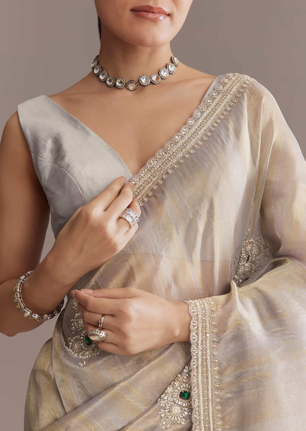 Lavender Tissue Saree With Zardosi And Emerald Stone Embroidery