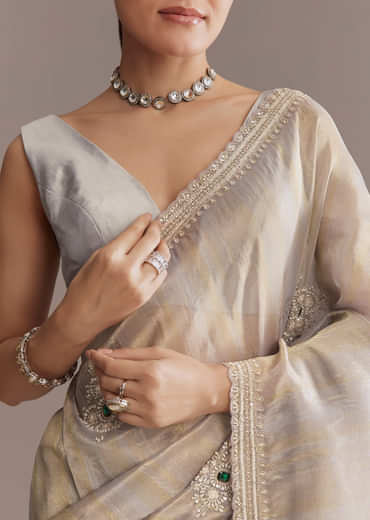 Lavender Tissue Saree With Zardosi And Emerald Stone Embroidery