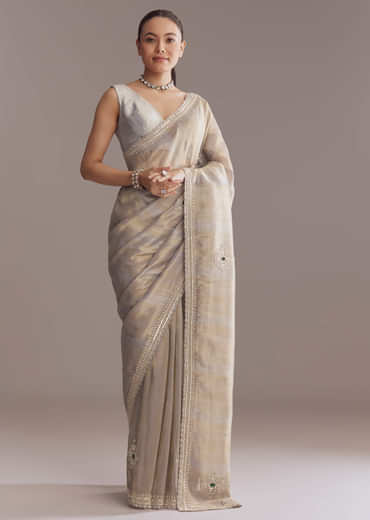 Lavender Tissue Saree With Zardosi And Emerald Stone Embroidery