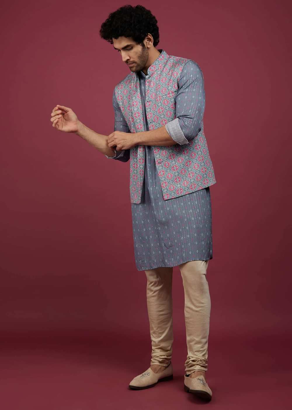 Mauve Purple Silk Printed Bandi And Kurta Set With Zari Work