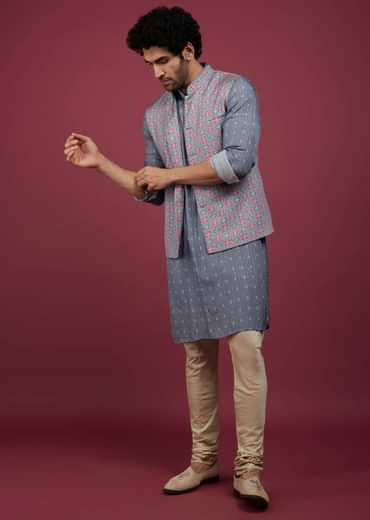 Mauve Purple Silk Printed Bandi And Kurta Set With Zari Work
